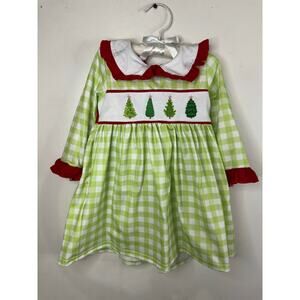 NWT Abby & Evie 18M Christmas Tree Smocked Dress Green Gingham Red Ruffle Collar